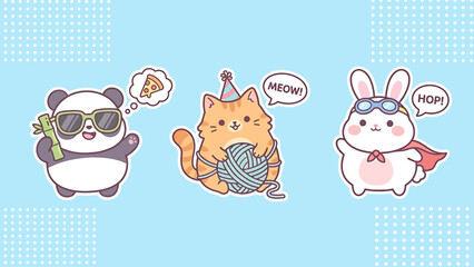 Cartoon animals wearing accessories and expressing emotions.