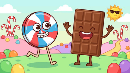 Cartoon beach ball and chocolate bar characters running in a candy landscape.