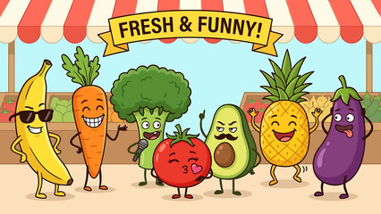 Colorful cartoon fruits and vegetables standing in front of a market stall.