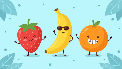 Cartoon fruits with smiling faces and sunglasses on a blue background.