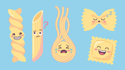 Cartoon pasta characters with different facial expressions.