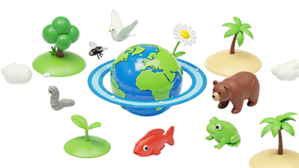 3D Rendering of Cartoon Earth with Wildlife and Flora