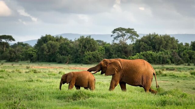 Heartwarming scenes of adult and baby elephants walking peacefully in green savannah landscape under cloudy sky