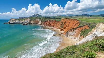 Coastal vista of colorful cliffs and beach
