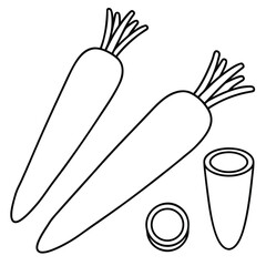 Simple black and white line art drawing of two whole carrots and sliced carrot pieces for coloring