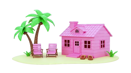 Pink Beach House with Palm Trees and Lounge Chairs