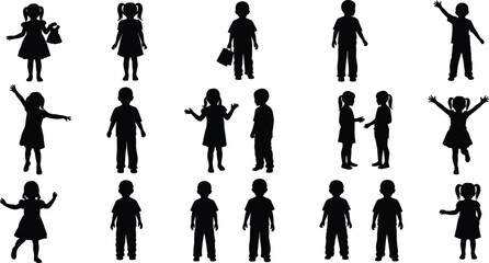 Set of children silhouettes featuring boys and girls standing waving talking and playing for school education and childhood design concepts, © Mahabub