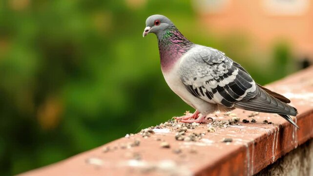 Urban pigeon standing on a ledge with blurred greenery in the background, displaying unique feather patterns and colors