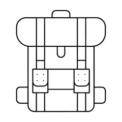 Simple black and white line art icon representing a classic hiking backpack for outdoor adventure travel