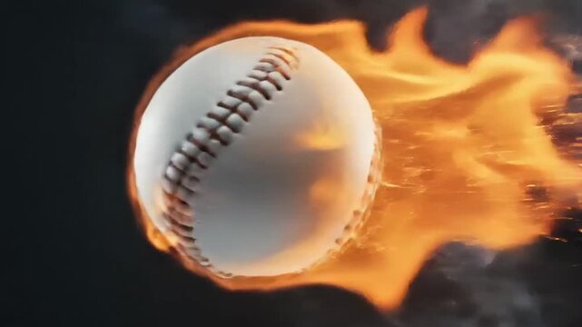 High speed flaming baseball in motion showing dynamic fire and sparks effects