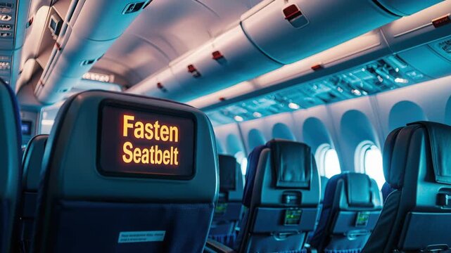 Brightly Lit Fasten Seatbelt Sign in Airplane Cabin with Soft Blue Lighting and Empty Seats Enhancing Travel Safety Message