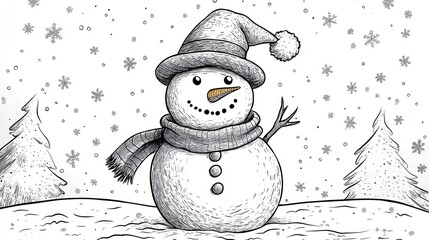 Snowman illustration with hat and scarf in winter landscape