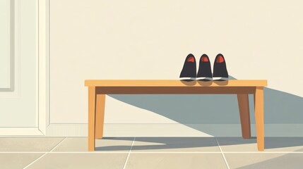 Three pairs of shoes on wooden bench against a white wall with shadows