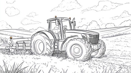 Tractor plowing field agricultural machinery in open landscape with copy space