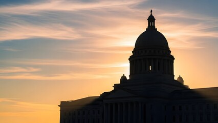 USA Patriotism: Capitol Building Silhouette at Sunset Sky Background