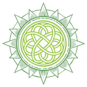 Green Celtic Knot Sun Compass Rose Circular Emblem With Radial Points Stylized Design