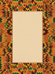 African kente cloth pattern frames an empty beige central space