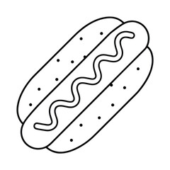Simple black and white outline icon depicting a classic hot dog with a zigzag line of mustard topping