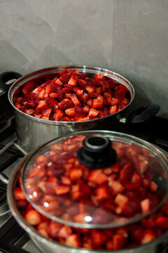 Preparing Strawberries for Homemade Jam