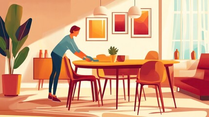 Woman cleaning table in modern interior cartoon illustration