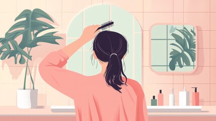 Woman combing hair in bathroom mirror cartoon illustration daily routine