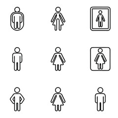 Collection of nine distinct black line art icons representing male and female figures for restroom signage