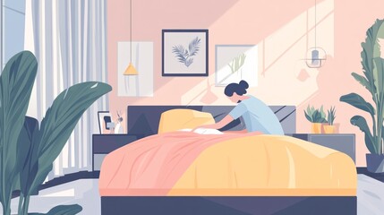 Woman making bed in bright bedroom interior design illustration