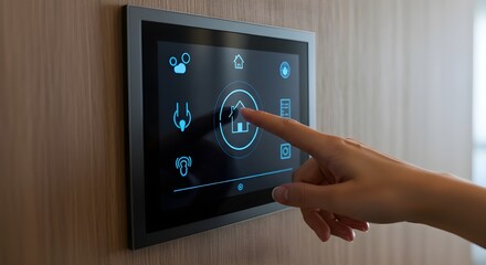 Finger touching touchscreen panel to control smart home devices. Concept of home automation, intuitive control, convenience, and connected lifestyle technology.