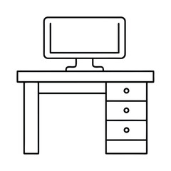 Simple black and white line art icon representing a computer monitor sitting atop a desk with drawers