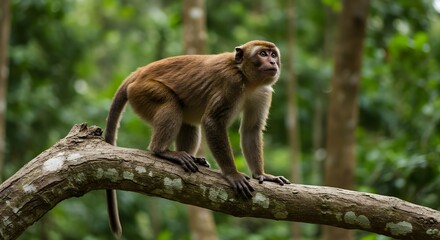 Obraz premium Monkey sitting on a tree branch looking around. Concept of wildlife observation, natural behavior, jungle habitat, curiosity, and animal interaction with environment.