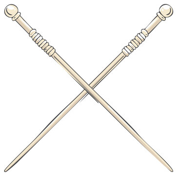 Crossed drum major batons with decorative grips and spherical finials illustration