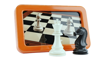Chess pieces on a chessboard reflected in an orange frame