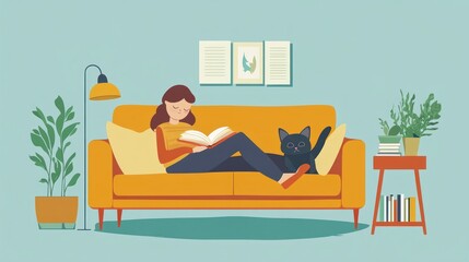 Woman relaxing on sofa reading book with cat vector illustration
