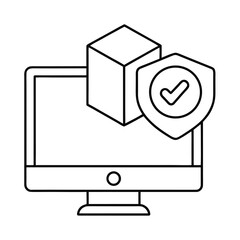 Computer security icon featuring a monitor a 3d cube and a shield with a verified checkmark symbol
