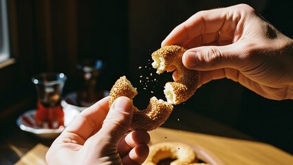 Close-up of hands breaking traditional Turkish Kandil Simidi with sesame seeds flying