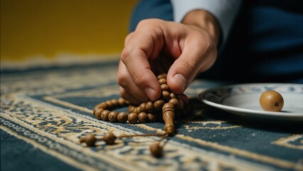 Hand holding wooden prayer beads tasbih next to kandil simidi on rug