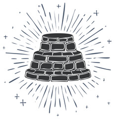 Rustic hand drawn stone well illustration with vintage radiating sunburst lines and star accents