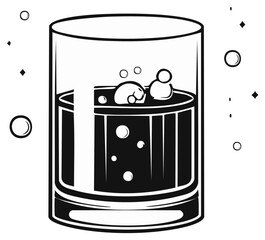 Glass of Fizzy Drink: Black and White Line Art Illustration of Bubbles in Liquid