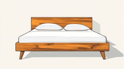 Wooden bed with pillows and white linens illustration on white background