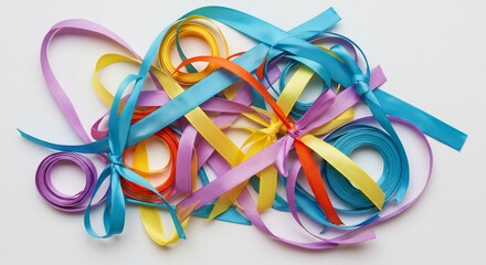 様々な色が美しい光沢を放つサテンリボンが白い背景に明るく散りばめられお祝いや贈り物を彩る喜び溢れる素材. AI Generated