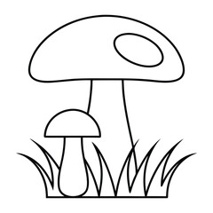 Simple black and white outline drawing of two mushrooms growing in the grass for coloring pages