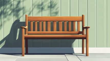 Wooden bench against a green wall outdoors with sunlight and shadow