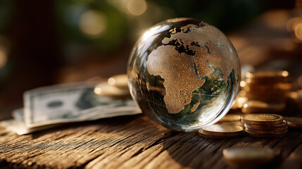 Global Wealth: A crystal globe, symbolizing the world, sits on a rustic wooden surface amidst a scattering of currency and coins, depicting global finance.