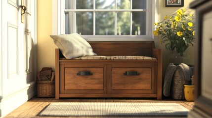 Wooden bench by window with flowers indoor home interior design concept