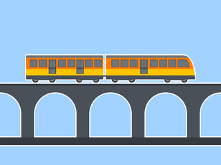 Illustration of a train with two carriages crossing an arch bridge spanning a body of water. Modern transportations illustration. Flat vector concept.