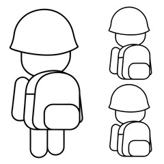 Simple black and white outline icons depicting a soldier or student figure wearing a helmet and backpack