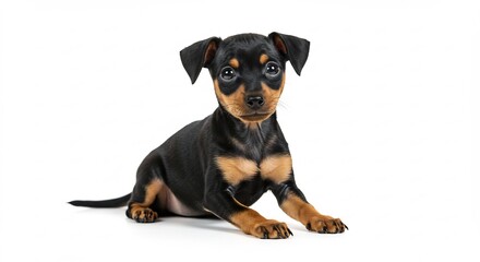 真っ白なスタジオ背景にちょこんと座る黒とタンカラーの幼い子犬 均一で柔らかな光が被毛の艶を際立たせ澄んだ瞳の無垢な輝きを鮮やかに捉えた魅力的な一枚. AI Generated