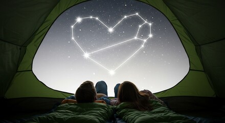 きらめく星降る夜空に浮かび上がるハートの星座をテントの中で寄り添い見上げる二人ロマンチックな夜のキャンプで穏やかな愛を育む心温まる瞬間. AI Generated