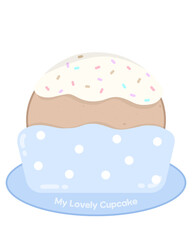 Fluffy cupcake with vanilla cream and colorful sweet sprinkles on top, wrapped up in a cake paper cup