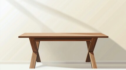 Wooden table against a neutral wall with diagonal sunlight shadows